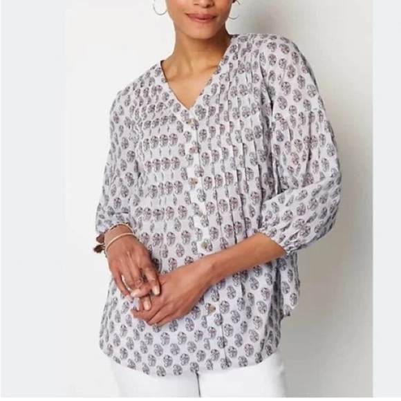 J. Jill Cotton Paisley Button Up Blouse Pintuck Puff 3/4 Sleeve Size L Spring - Picture 1 of 9